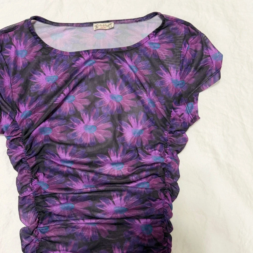 Intimately Free People Purple Floral Mesh Ruched Short Sleeve Top XS